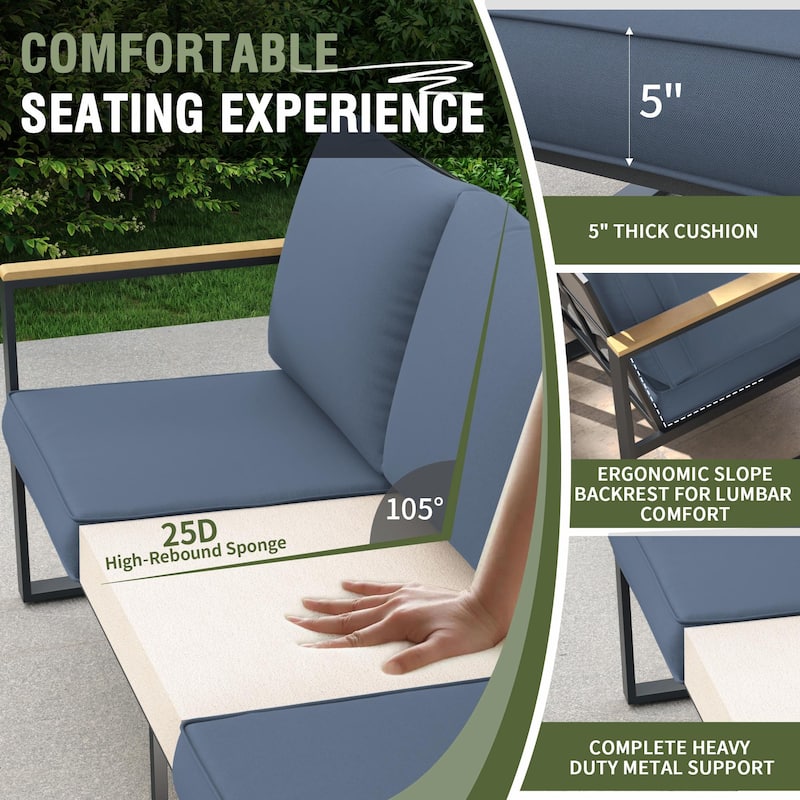 4-Piece Modern Outdoor Sofa Set - Iron Frame with Grey Cushions and Faux Wood Grain Coffee Table