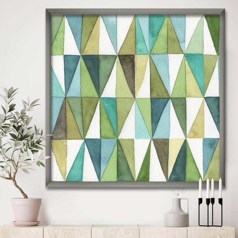Designart "geometric Green Triangle III" Mid-Century Modern Transitional Framed Art Print - 46 in. wide x 46 in. high - Silver