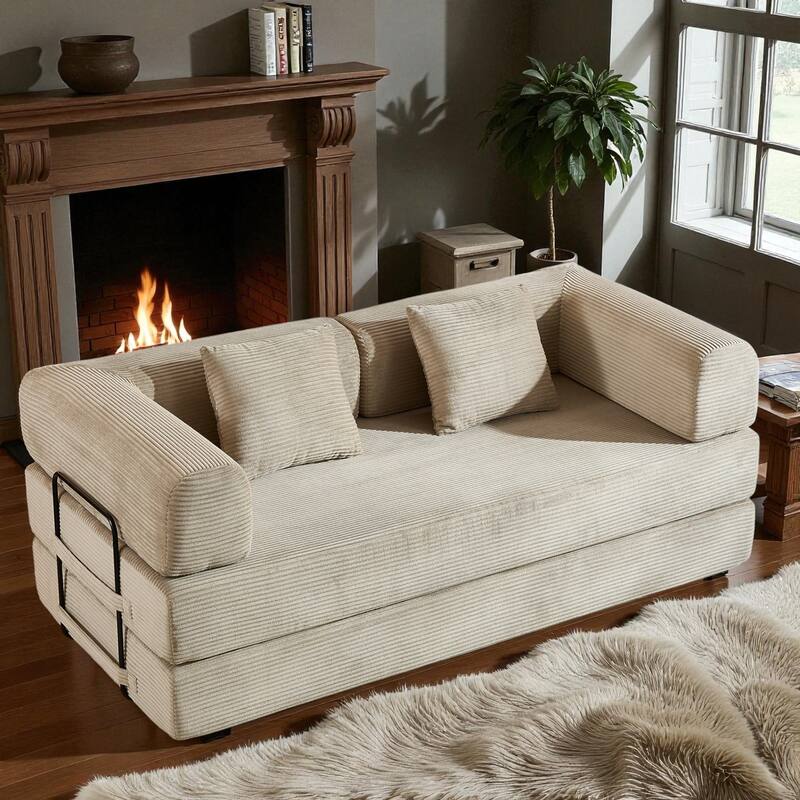 Convertible Corduroy Sleeper Sofa Bed, 4-in-1 Folding Mattress Couch with Cylindrical Pillow & Fixed-Shape Frame, No-Assembly