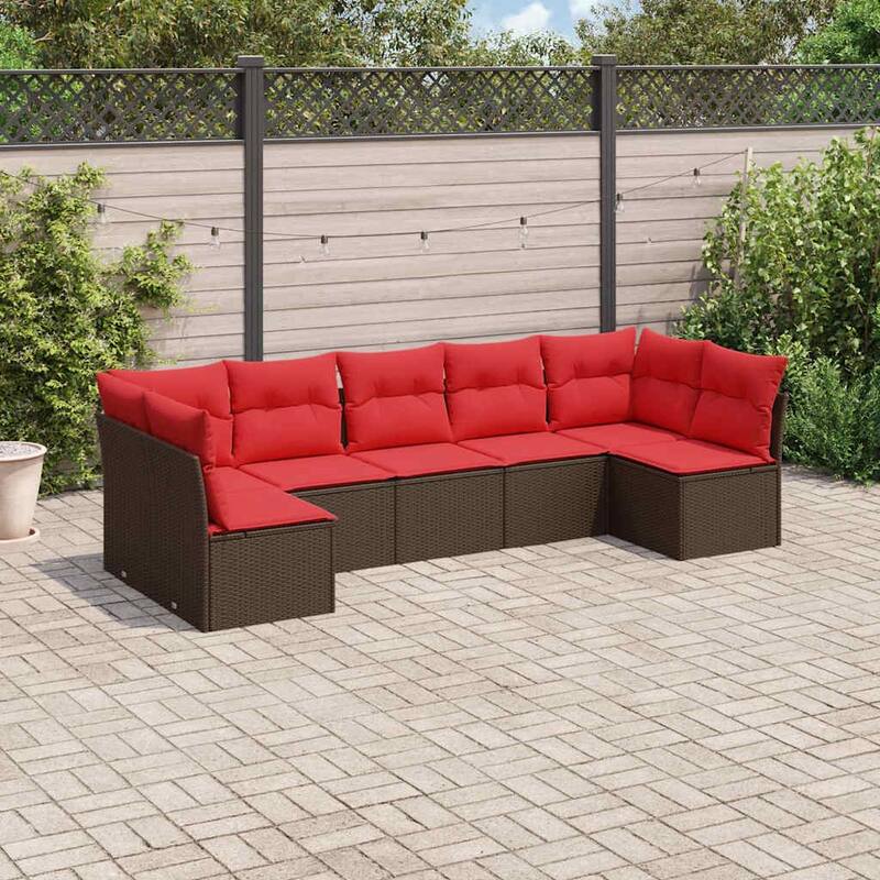 vidaXL 7/8 Piece Patio Sofa Set with Cushions Black/Brown/Gray Poly Rattan - 24.4 x 24.4 x 27.2 - Brown and red Without table