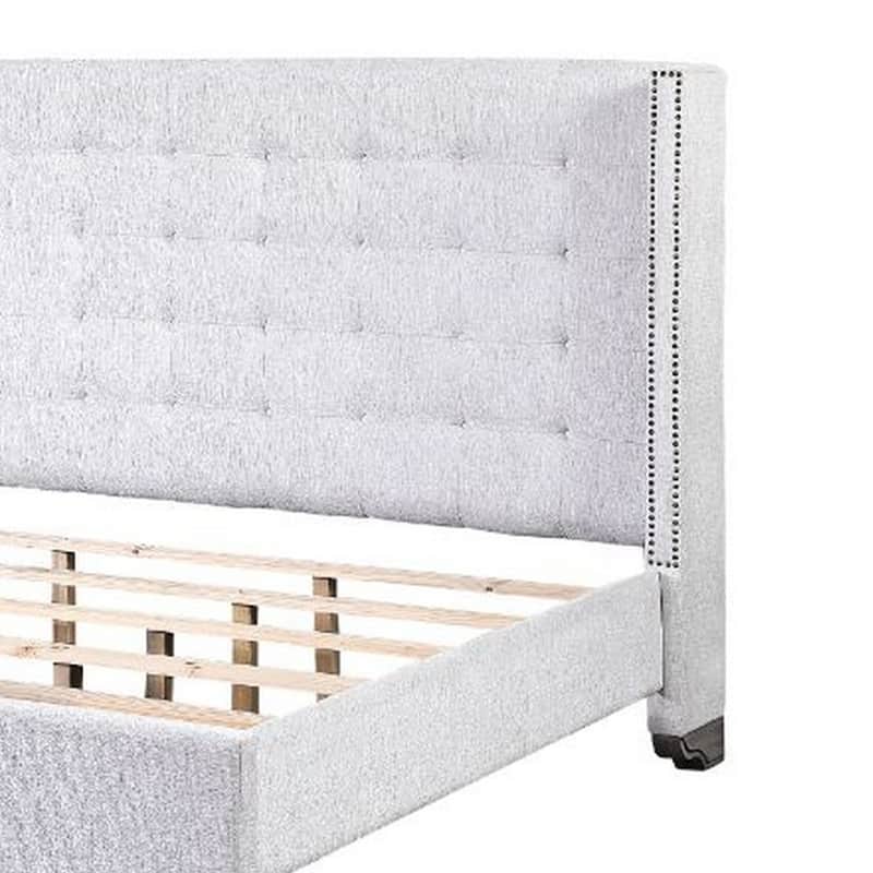 Queen Bed with Full Fabric Upholstery and Tufting, Light Gray