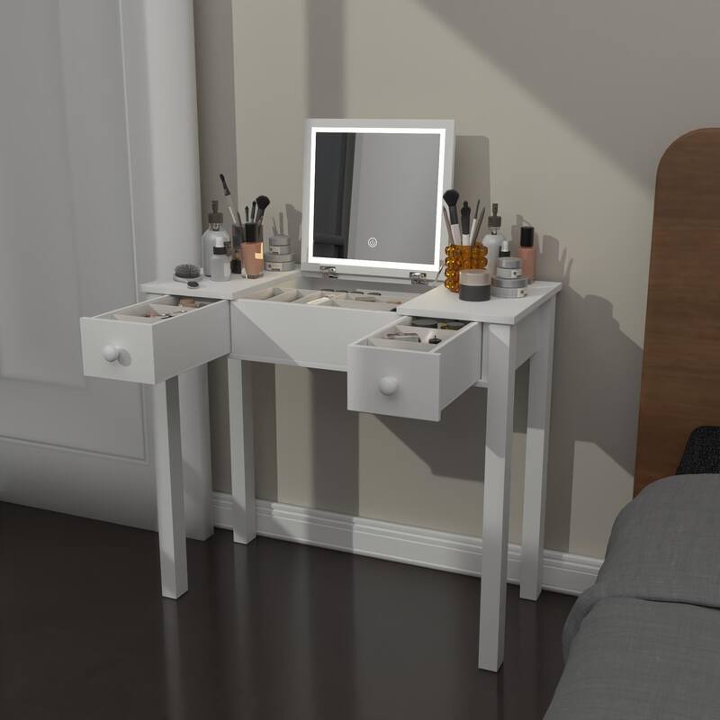 Sleek Vanity Table with LED Lights, Flip-Top Mirror and 2 Drawers, Jewelry Storage for Women Dressing