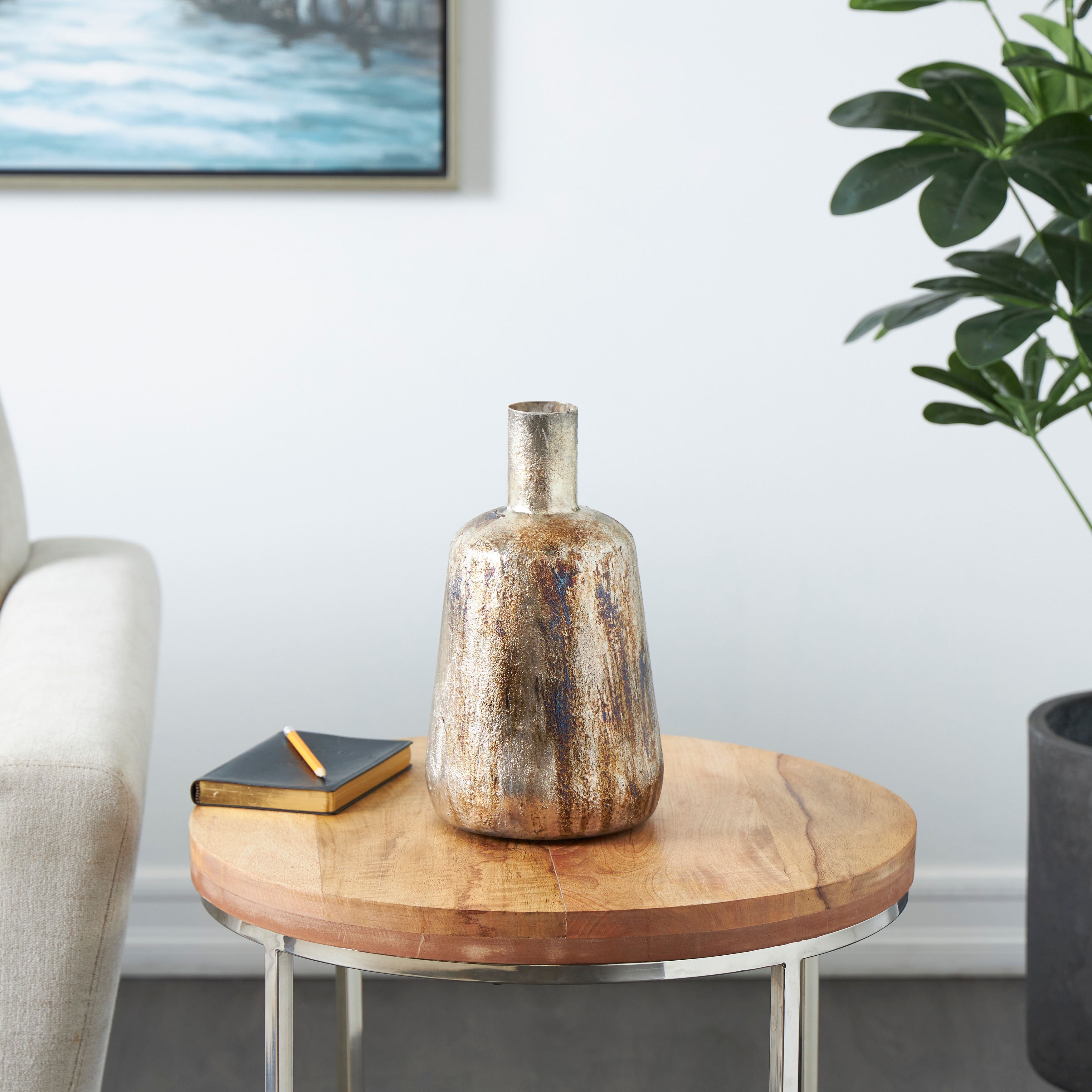 Bronze Metal Foiled Decorative Vase with Bronze and Blue Accents