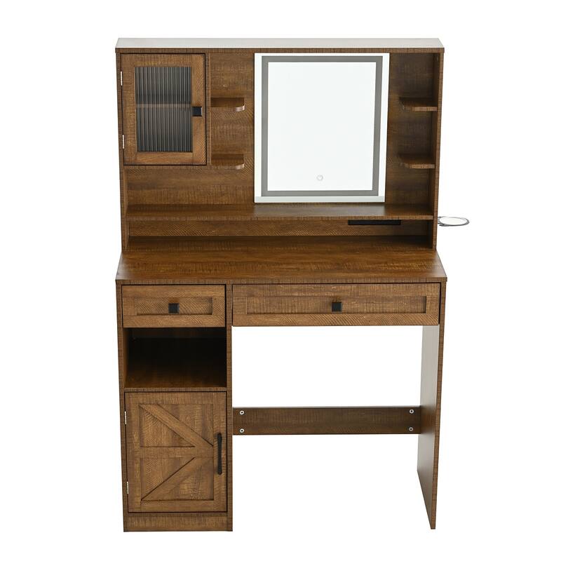 Vanity Desk with Touch Control Light Mirror, Dressing Table Set with Charging Station & Stool, Large Makeup Vanity Table