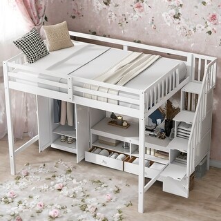 Full Size Loft Bed with Wardrobe,Storage Table and Staircase,Kids Bed Design