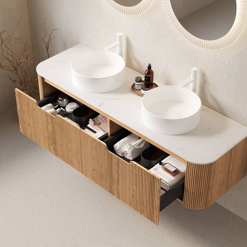 GDFStudio - Dina 60" Floating Bathroom Vanity with Striped Curved Drawers & 2 White Round Ceramic Basins, WITHOUT Faucet
