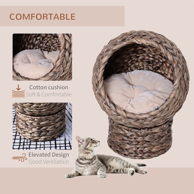 PawHut Handwoven Elevated Cat Bed with Soft Cushion & Cat Egg Chair Shape