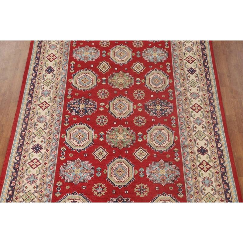 Kazak Oriental Area Rug Hand-Knotted Geometric Red Wool Carpet - 6'6"x 9'10"