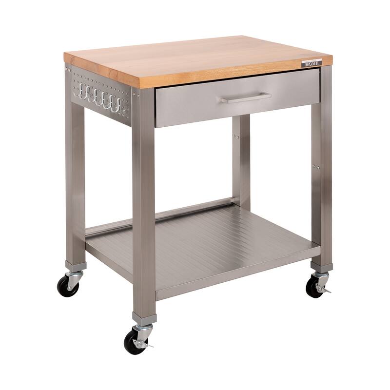 Seville Classics Stainless-Steel Worktable Cart with Solid Wood Top, 30" W x 20" D x 36" H - Portable - Wood