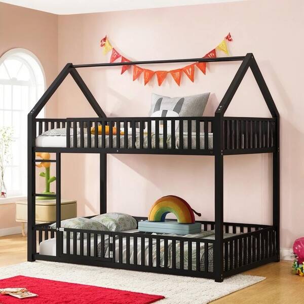 slide 2 of 24, Metal Twin over Twin House Bunk Bed with Fence and Door Black