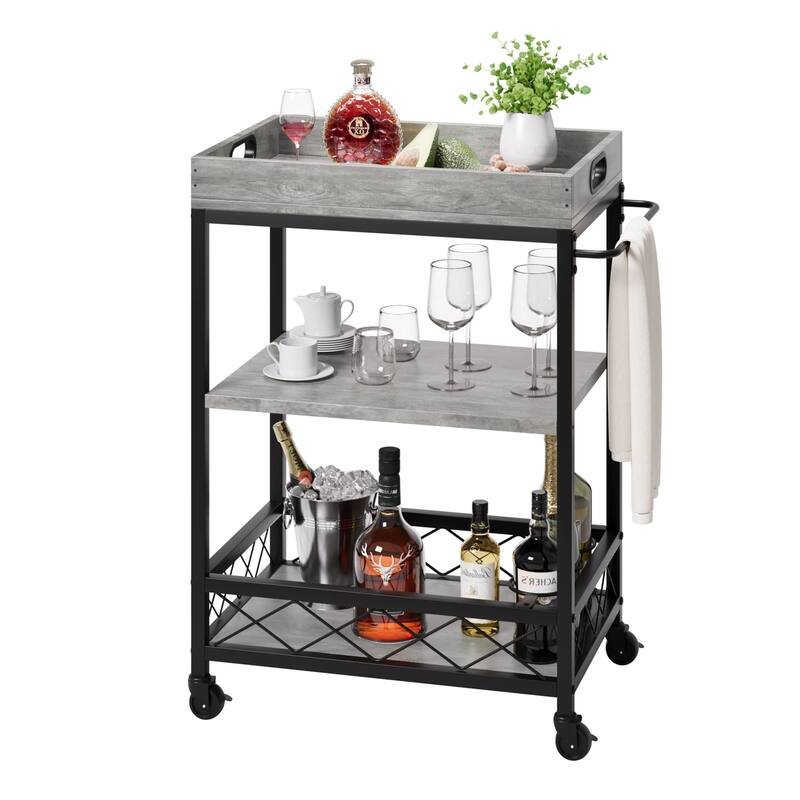 Farmhouse 3 Tier Bar Cart with Wheels and Portable Tray - 23.6"W x 15.7"D x 35.64"H