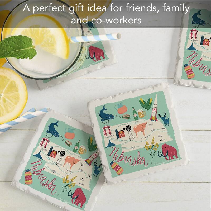 Nebraska Home 4-Pack Absorbent Stone Coasters with Protective Cork Backing 4" Square Made in The USA Artistic Easily Wipes Clean