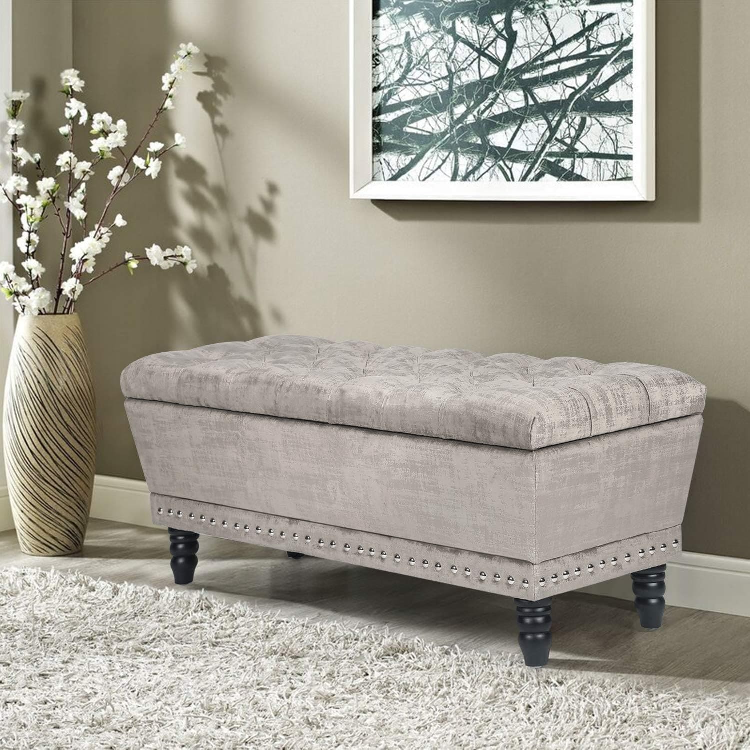 Storage Ottoman Bench Velvet Tufted Foot Rest Stool with Nailhead Trim (Silver Gray)