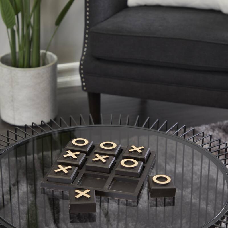 Wooden Tic Tac Toe Block Game Set with Steel or Light Wood Pieces - Black, Dark Brown, Gold - Roche River Decor
