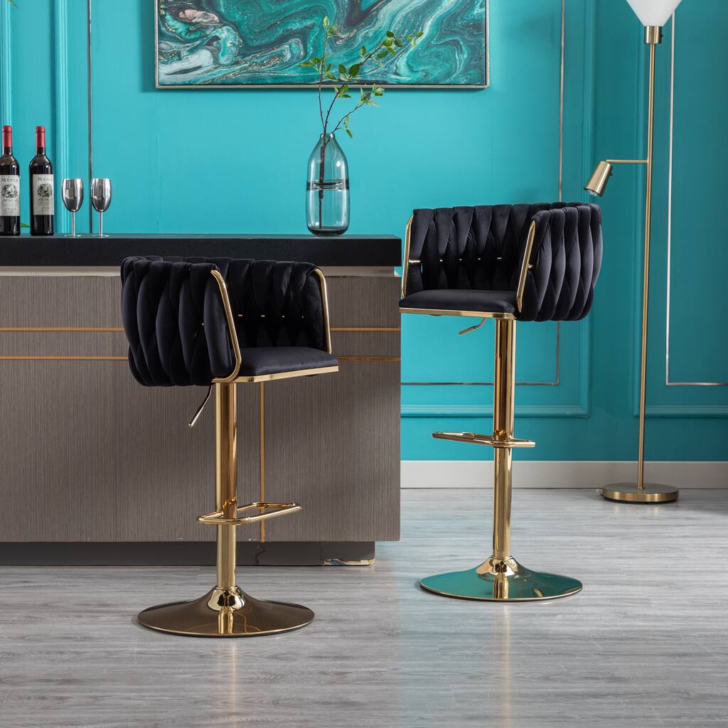Set of 2 Bar Stools,with Chrome Footrest,Base Swivel Height Adjustable Mechanical Lifting Velvet + Golden Leg Simple Bar Stool