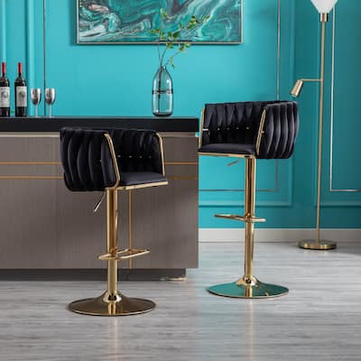 Swivel Height Adjustable Velvet Bar Stools with Golden Footrest and Base ,Set of 2