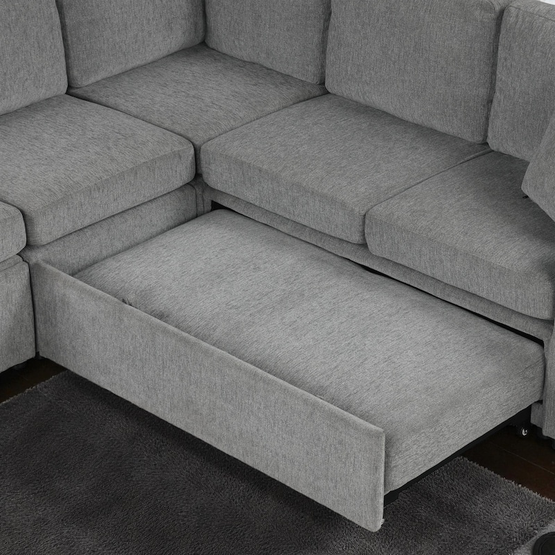 107.1" Convertible Sectional Sofa Pull-Out Sleeper U-Shaped Chenille Couch with USB Ports Cup Holders and Pillows