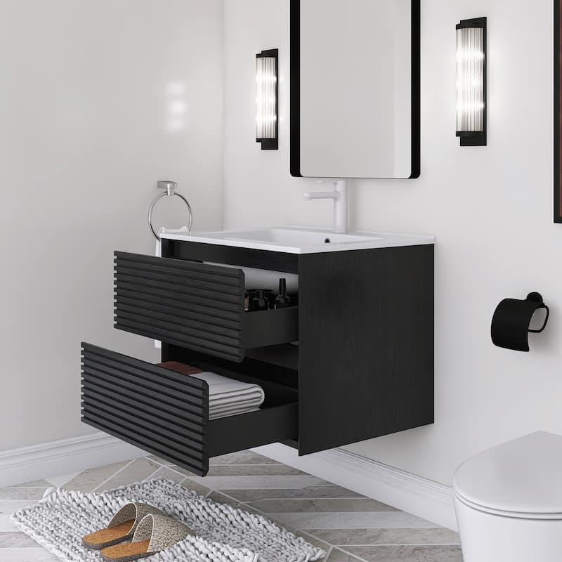Wall-Mounted Bathroom Vanity with White Ceramic Sink