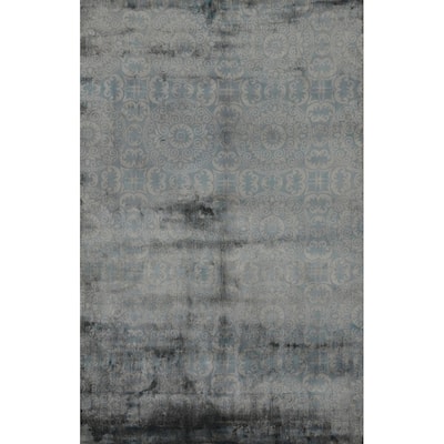 Hand Knotted Oriental Viscose Silk Carpet Modern Floral Greys & Charcoal Abstract Area Rug - 5' 11'' X 3' 9''