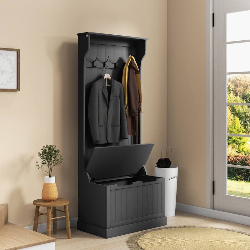 Hall Tree with Hooks, Elegant Storage Bench Shoe Bench with Storage Cabinet, Entryway Coat Rack Bench for Mudroom