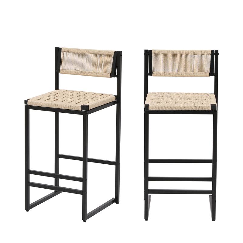 Set of 2 Paper Rope Woven Bar Stools with Backrest, Dining Chairs for Kitchen Island - Black & Creamy White
