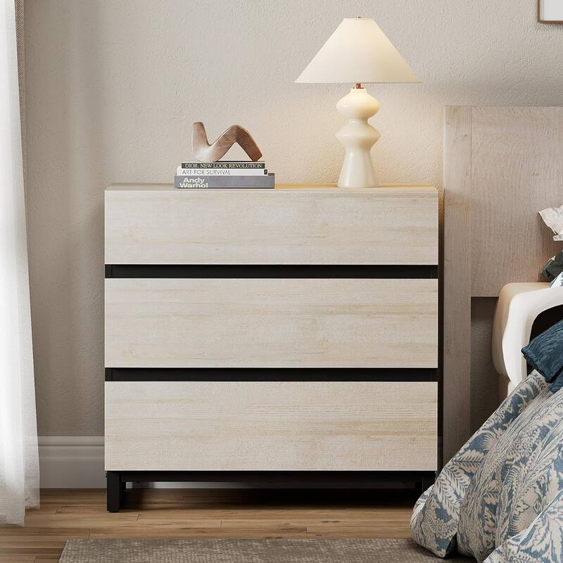 WAMPAT Nightstand with 3 Drawers for Bedroom, Modern Bedside Table with Black Square Iron Leg, Wood Rustic Side Table