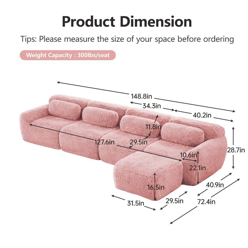 148.8 Inch Modular Couch with Ottoman, Comfy Couches, L Shaped 4 Seat Sofa, Modern Sectional Couches for Living Room