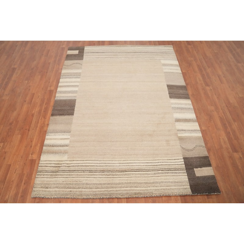 Hand Knotted Oriental 100% Wool Carpet Modern Geometric Beige & Ivories Gabbeh Area Rug - 7' 10'' X 5' 9''