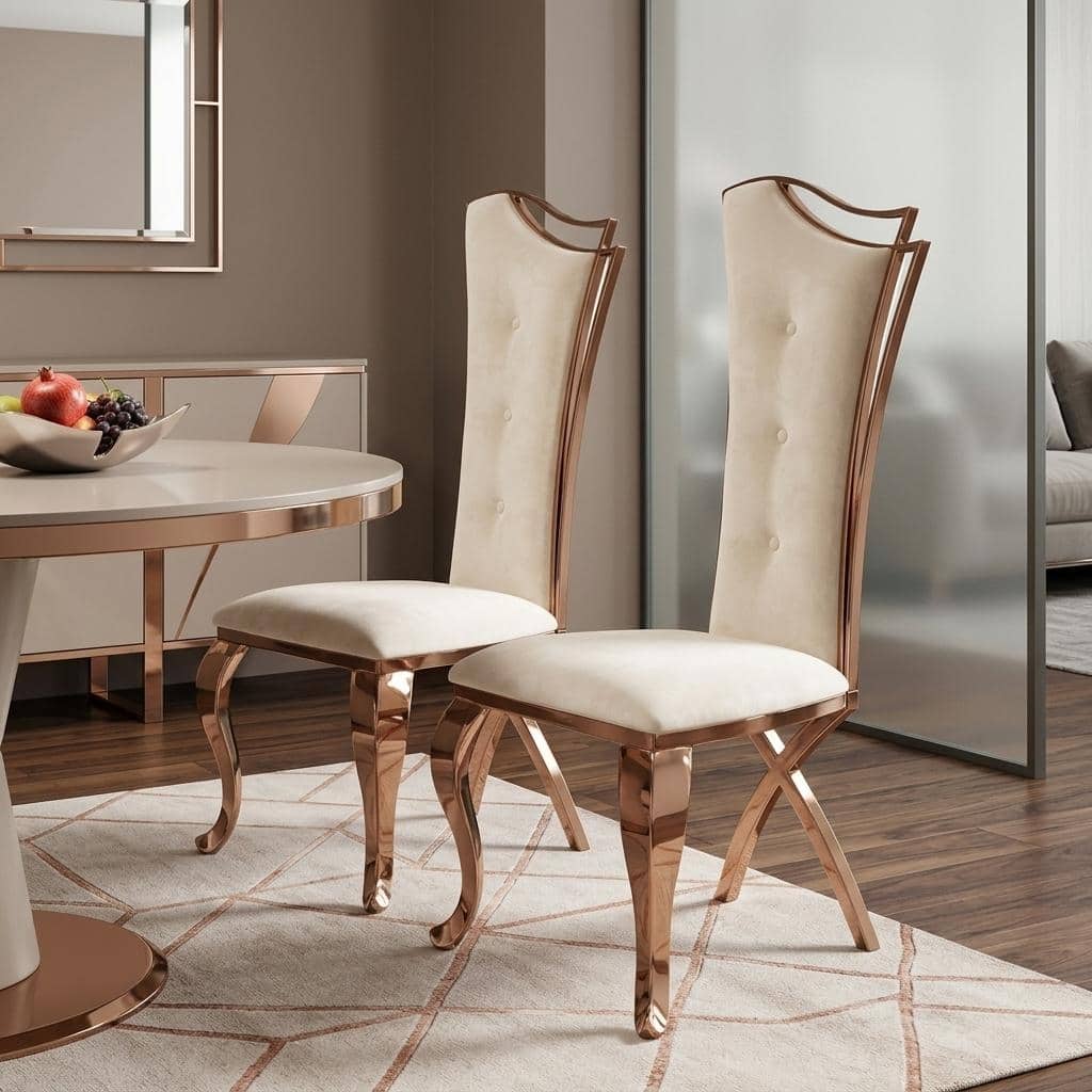 HomeRoots Set of Two Tufted Beige And Rose Gold Upholstered Velvet Dining Side Chairs - 22.00 in. x 48.00 in. x 22.00 in.