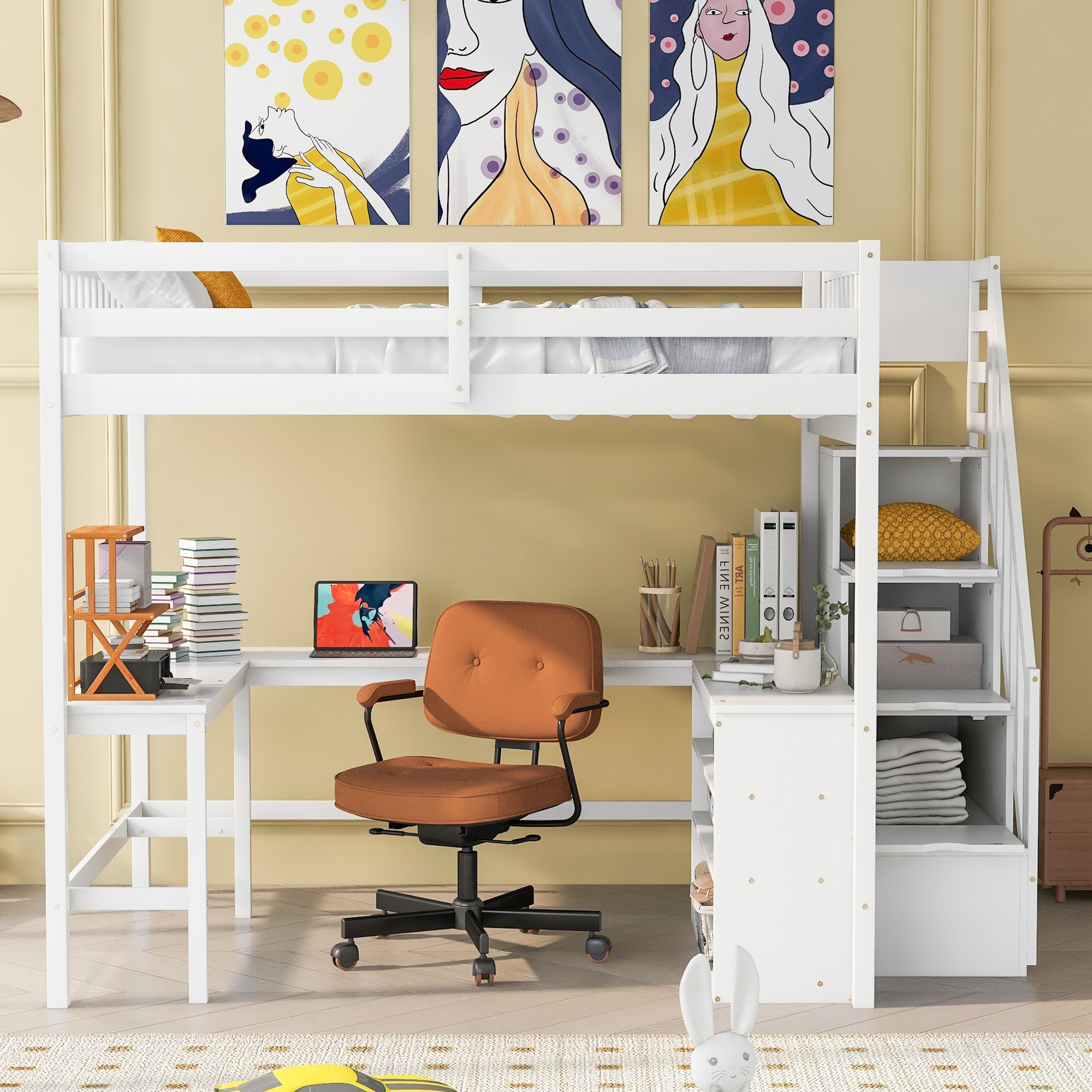 Loft Bed with Built-In L-Shaped Desk and 3-Tier Storage Shelves and Attached Storage Staircase