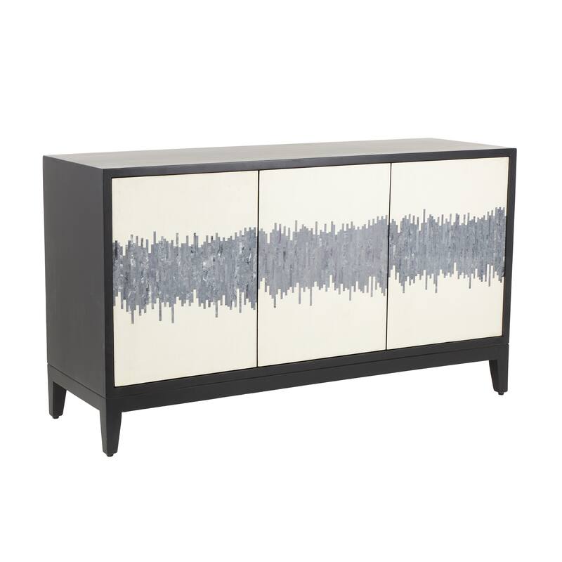 Brown or Black Mango Wood 3 Door and 3 Shelf Abstract Media Credenza Sideboard with White Front and Striped Pattern