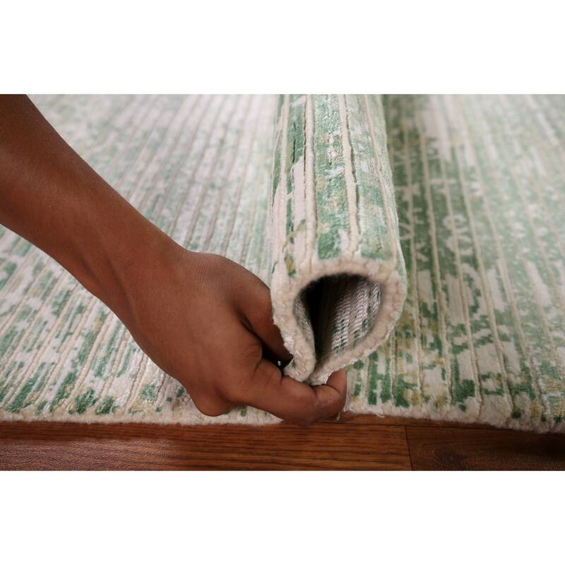 Ivory & Green Abstract Oriental Modern Accent Rug Handmade Wool Carpet - 2'9" x 4'10"