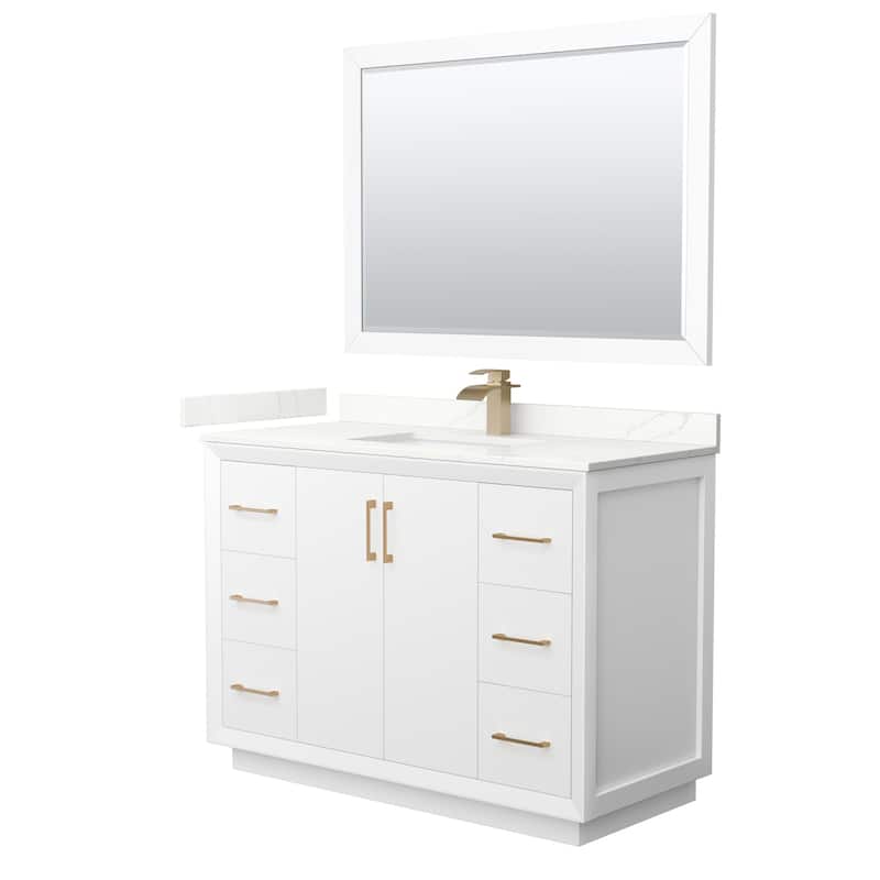 Wyndham Collection WCF414148S-QTZ-UNSM46 Strada 48" Free Standing - White / Giotto Quartz Top / Satin Bronze Hardware