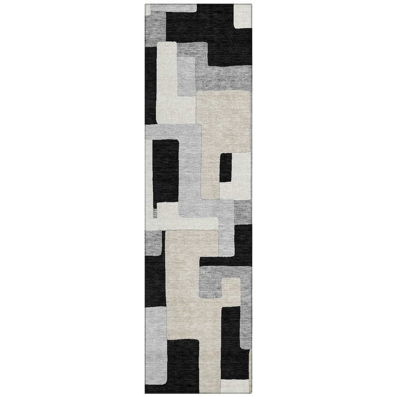 Machine Washable Indoor/ Outdoor Contempoary Blocks Chantille Rug