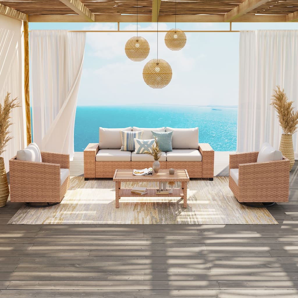 4-Piece Outdoor Conversation Set with Swivel Chair and 3-Seater Sofa with Soft Cushion and Coffee Tables PE Wicker Rattan