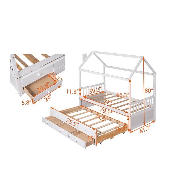 White Wooden House Bed with Trundle, 3 Storage Drawers, and Pull-Out Trundle