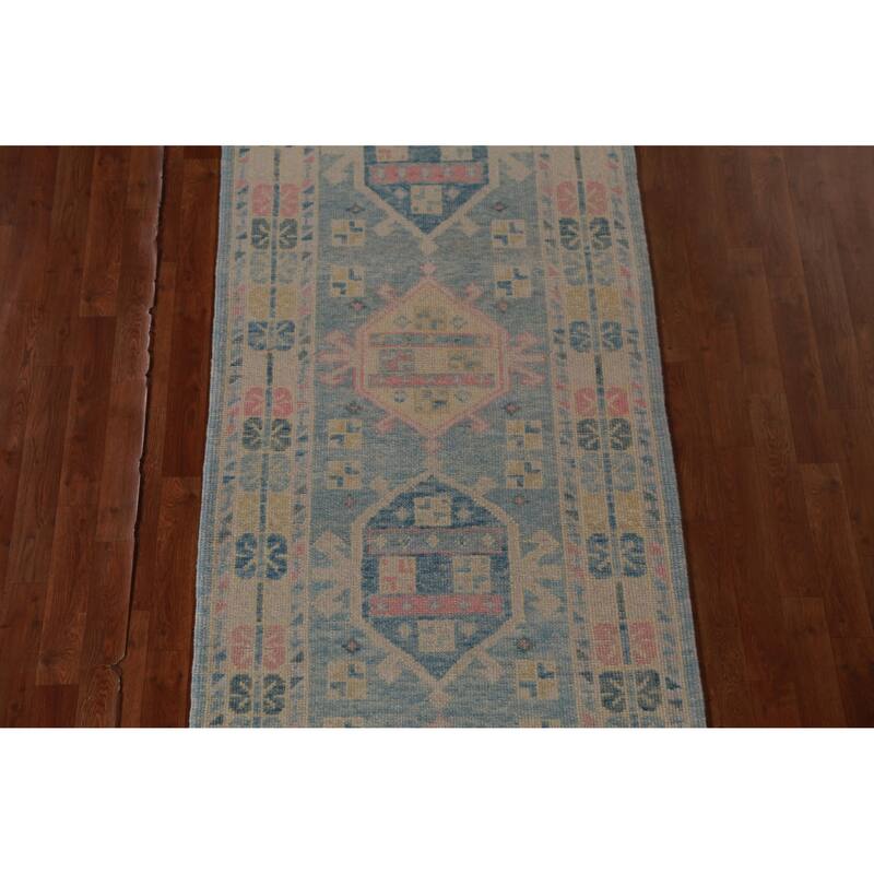 Hand Knotted Oriental 100% Wool Carpet Transitional Geometric Navy Blue & Blues Oushak Runner Rug - 17' 0'' X 3' 3''