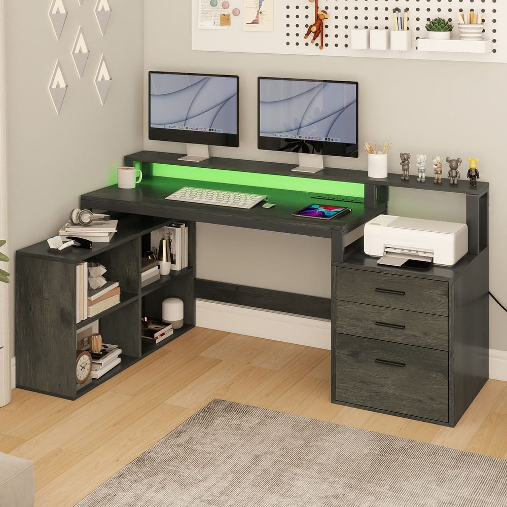 Moasis 65" Computer Desk with Filing Cabinet and Storage Shelves, LED Lighting Corner Home Office Desk