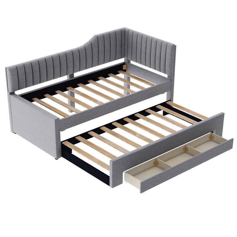 Living Room Upholstered Daybed, Solid Wood Platform Sofa Bedframe with Pull Out Trundle and 3 Drawers, Wood Slats Support