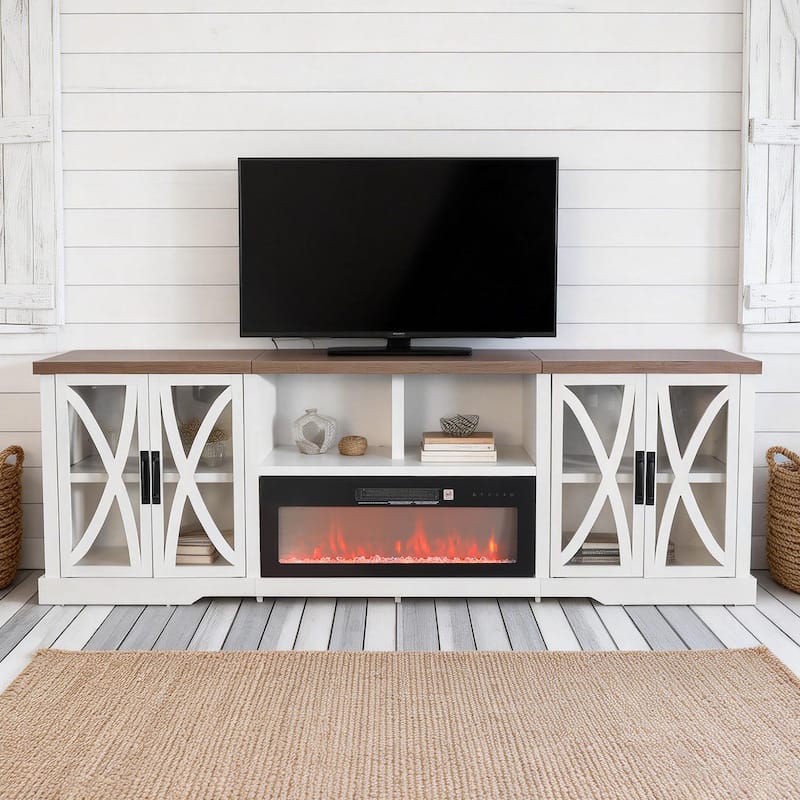 93" Farmhouse White Barn Door Storage Cabinets Fireplace TV Stand with 36" Electric Fireplace for TVs Up to 100"