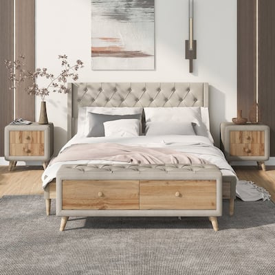 4-Pcs Queen Size Bedroom Sets w/Upholstered Platform Bed, Bench and 2 Nightstands