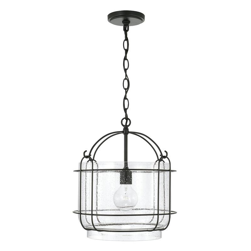 Harmon 14.25" 1-light Matte Black Pendant w/ Clear Seeded Glass & Outer Cage