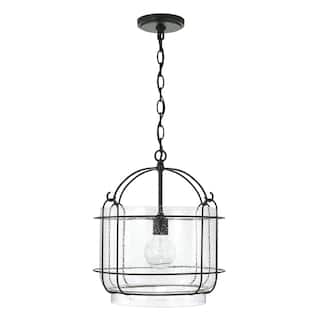 Harmon 14.25" 1-light Matte Black Pendant w/ Clear Seeded Glass & Outer Cage