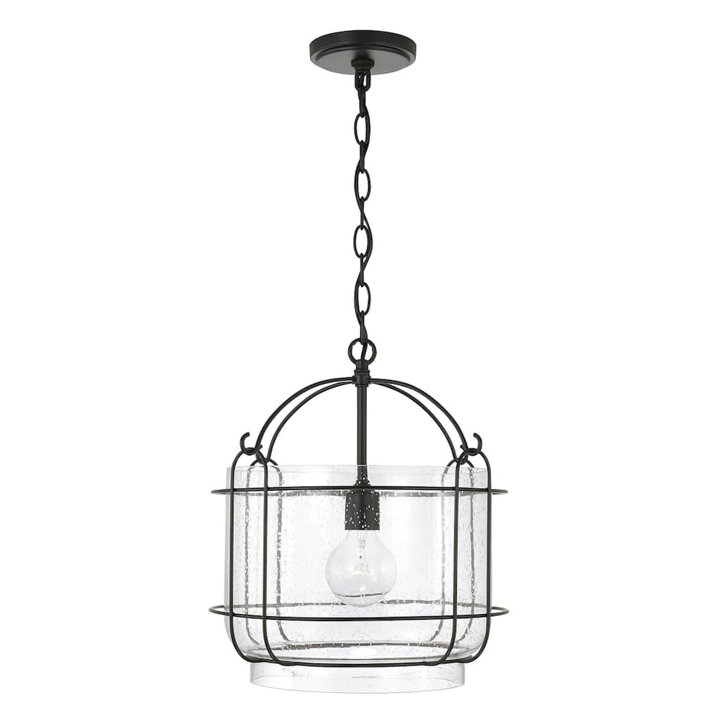 Harmon 14.25" 1-light Matte Black Pendant w/ Clear Seeded Glass & Outer Cage