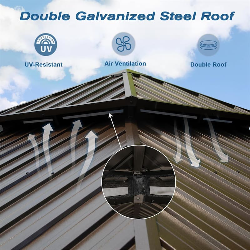 Outdoor Hardtop Gazebo, Aluminum Metal Gazebo with Galvanized Steel Double Roof Canopy, Curtain and Netting