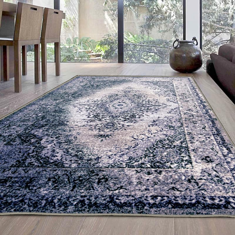 Superior Eldwin Medallion Non-Slip Washable Indoor Runner or Area Rug - 5' x 8' - Navy Blue