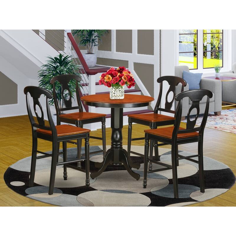 HomeStock 5-Piece Round Black Finish Solid Wood Top Dining table with 4 Chairs with Lattice Back