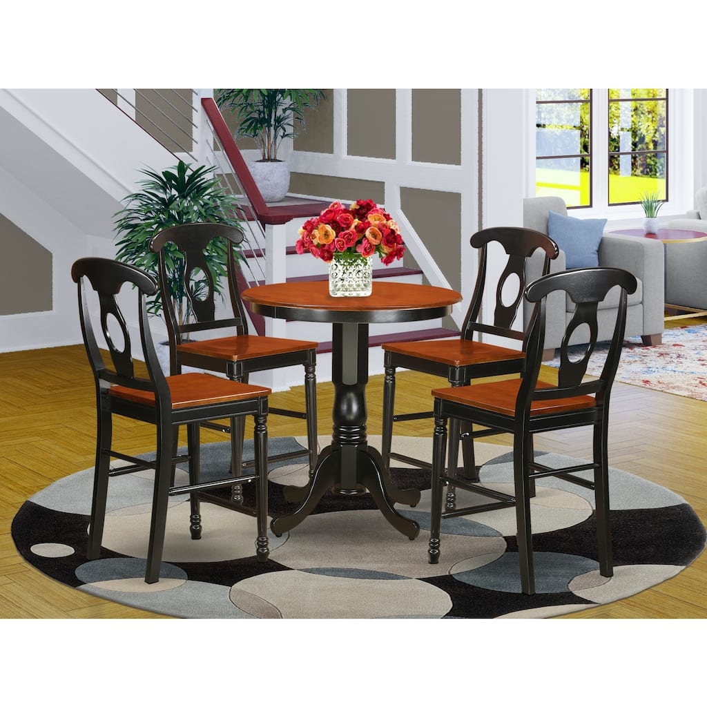 HomeStock 5-Piece Round Black Finish Solid Wood Top Dining table with 4 Chairs with Lattice Back