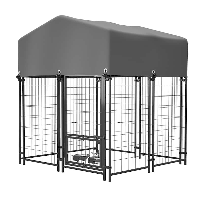 GDFStudio - Large Outdoor Heavy Duty Metal Dog Kennel with Roof, UV-Resistant Waterproof Cover, Double Lock & Rotating Feeder