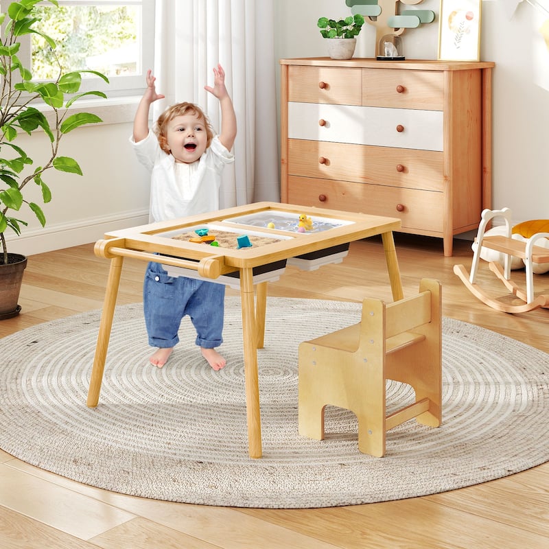 Kids Activity Table and Chair Set with Storage Paper Roll and Chalkboard Blocks Board for Age 2-8 Years - 35.5" x 21.5" x 17" - Natural
